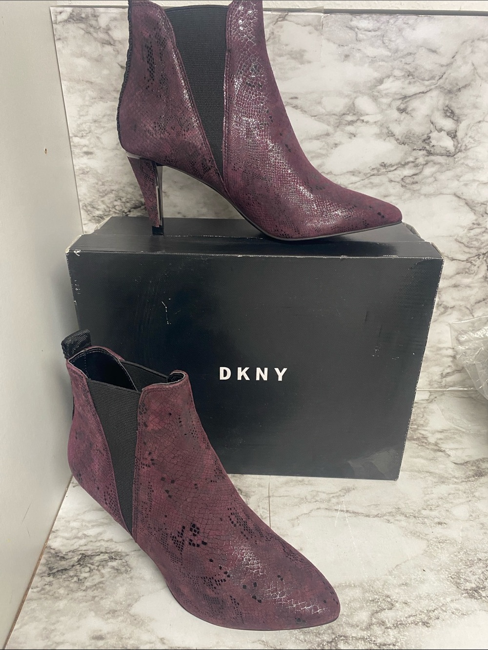 DKNY Plum Snake-Print Pointed Ankle Booties